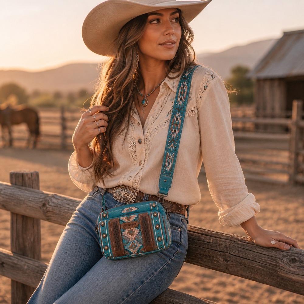 Wrangler Crossbody Bag Womens  Teal Aztec Print Western Boho Whipstitch‎ New